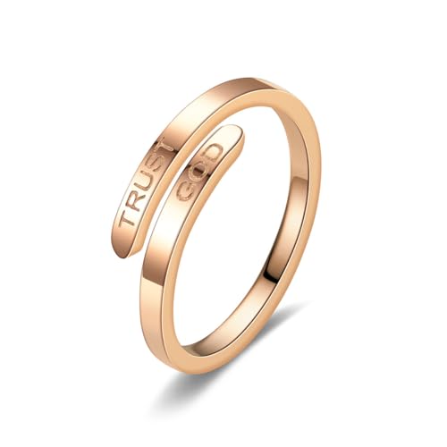 DATOA Trust God Cross Ring for Women Men Stainless Steel Open Adjustable Ring Inspirational Religious Faith Jewelry Christmas Graduation Party - color: Rose Gold