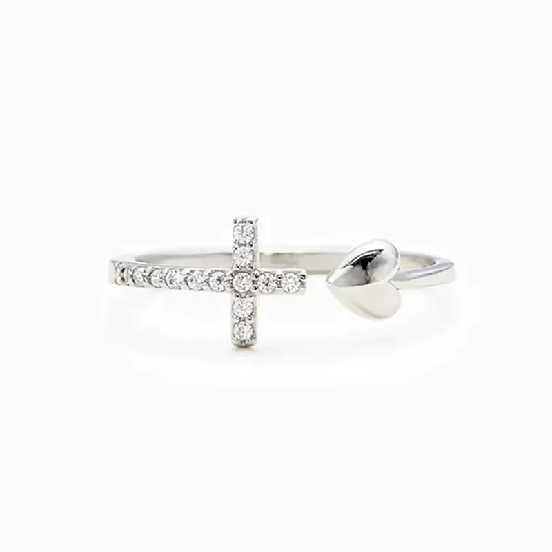 ZDIFDIC Cross Rings for Teen Girls Silver/Gold Heart Ring Cubic Zirconia Adjustable Ring Inspirational Pray Cross Heart Religious Christian Faith Jewelry Gifts for Her(Silver)8# - color: silver 8#
