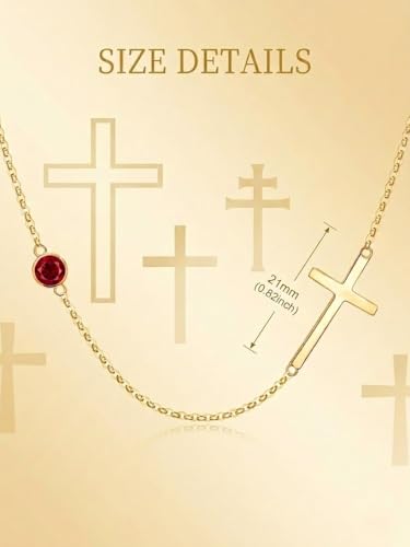 OJK 14K Gold Cross Necklace for Women Sideways Cross Birthstone Jewelry - color: 07-Ruby