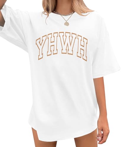 MNLYBABY YHWH Oversized Shirt Women Christian Tshirts Jesus Faith Inspirational Casual Tee Tops - color: Raw White, size: Medium