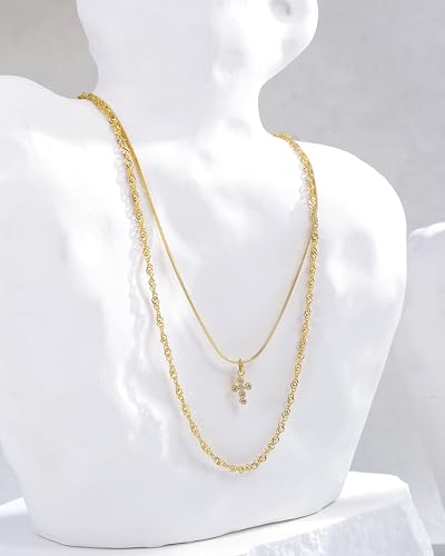 CONRAN KREMIX Waterproof Gold Layered Cross Necklace for Women Non Tarnish,14k Gold Plated Stainless Steel Dainty Cross Necklace Stack Necklaces Set for Women Christian Gifts Jewelry - color: Gold-Cross04