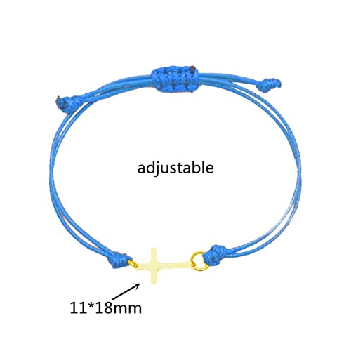 COLORFUL BLING Gold Silver Stainless Steel Sideways Cross Bracelet Adjustable Braided String Faith Hope Blessed Woven Rope Wrist Cuff for Men Women Protection Amulet Jewelry - color: gold blue