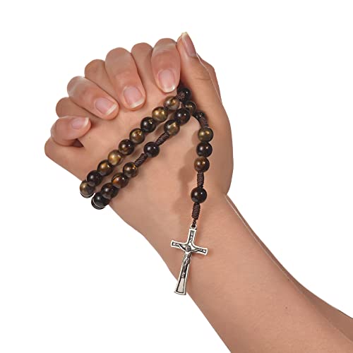 10mm Brown Beads Catholic Rosary Handmade Braided Rosaries with Curcifix Cross and Holy Mary Medal Amulet Rosary Beads Necklace for Women Men - color: Brown