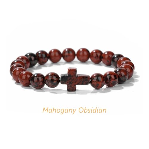 8mm Gemstone Cross Bracelet for Women Men – Stretch Beaded Faith Bracelet with Sideways Cross (Multiple Colors) - style: Mahogany Obsidian
