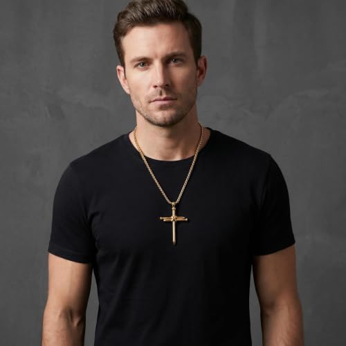 Men's Nail Cross Crucifix Necklace, Stainless Steel Nail Cross Pendant with 24 Inch Box Chain, Silver/Gold/Black Religious Christian Jewelry Gift for Baptism Father's Day Birthday - color: Gold