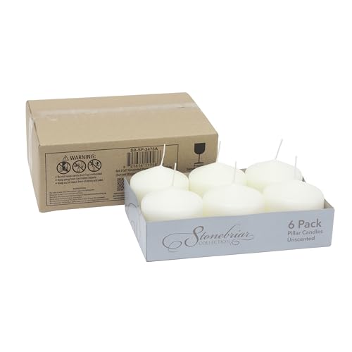 Stonebriar Unscented White Tall Pillar Candles, 18 Hour Burning Candle Pillars, Perfect for Decor, Weddings, Emergencies 3" X 3", 6 count - size: 3 x 3 inches, style: Pack of 6