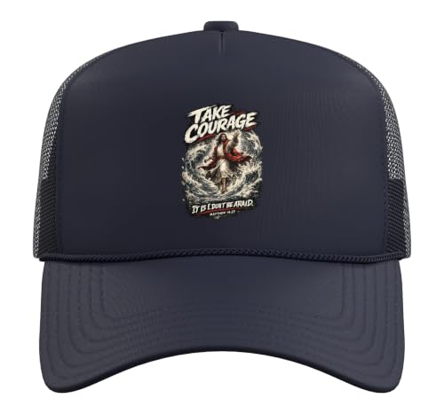 Take Courage It is I. Don't Be Afraid Bible Verse Art Trucker Hat with Adjustable Mesh Back - color: Navy Blue
