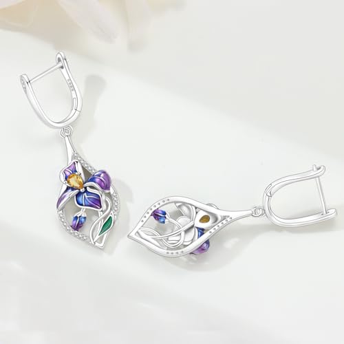 925 Sterling Silver Drop & Dangle Earrings for Women,Butterfly Dragonfly and Bee|Flower and leaf Earrings, Suitable for Sensitive Ears Fashion Jewelry Gift- Hypoallergenic Earrings - color: Blue-purple iris