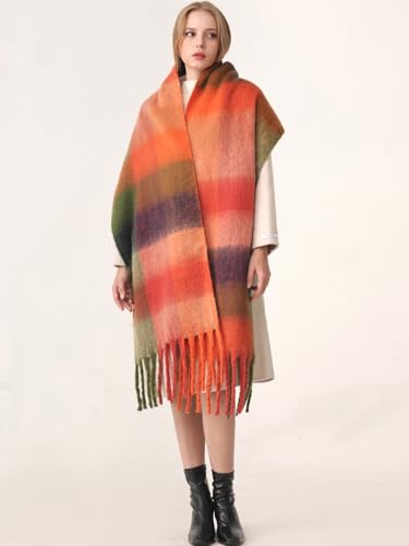 HOTIAN Women's Large Scarf Colorful Chunky Plaid Scarves Soft Winter Thick Tassel Warm Wrap Shawl - color: Green-red (Forest)