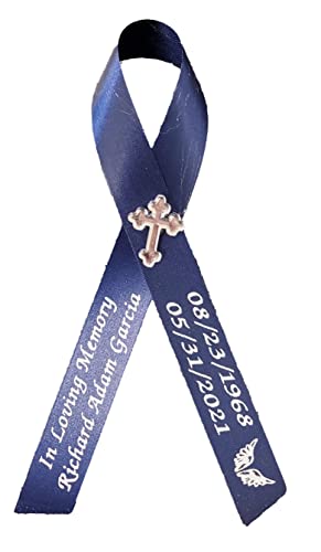 Personalized Memorial Service Funeral Ribbon Pins 20 Cross Religious Celebration of Life Custom Made Awareness Remembrance Anniversary Death Cross Sympathy Name Angel - color: Navy