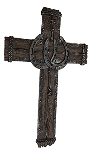 Ebros Gift 19" High Rustic Western 2 Lucky Horseshoes Wall Cross Decor Plaque With Vintage Barbed Wire And Braided Rope Design Sculpture Inspirational Catholic Christian Accent Decorative Crosses