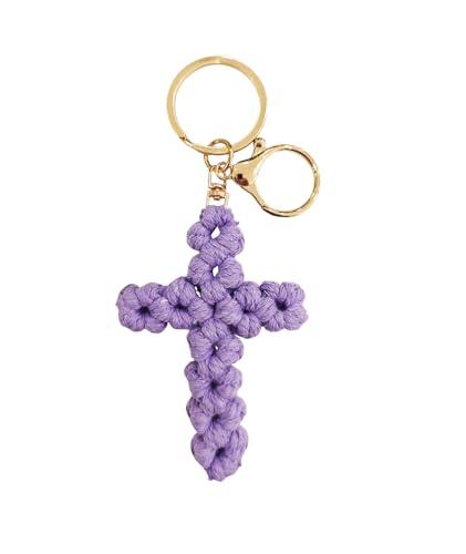 Macrame Cross Keychain - Handmade Woven Religious Key Ring Christian Bag/Purse Charm for Women Men - color: Purple a
