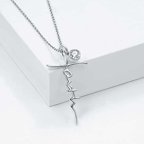 PRAYMOS Faith Cross Necklace for Women 925 Sterling Silver Pendant Necklace With Birthstone Initial Christian Religious Confirmation Baptism Mothers Day Gifts - color: 2-Silver April(Clear Cubic Zirconia)