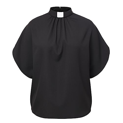 CAMDOM Womens Church Clergy Shirt Tab Collar Pleated Batwing Sleeves Blouse Top - size: Large