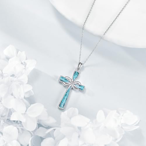 Infinity Cross Necklace S925 Sterling Silver Turquoise/Wooden/Opal/Abalone Cross Pendant Necklaces Christian Jewelry Gifts For Women - style: Turquoise