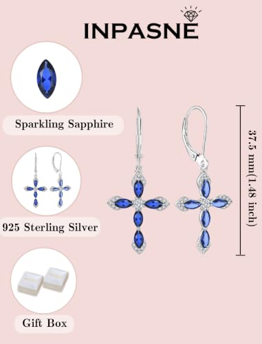 Birthstone Cross Earrings for Women 925 Sterling Silver - color: 09 September - Sapphire