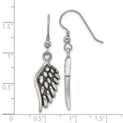 Stainless Steel Oxidized and Polished Religious Guardian Angel Wing Shepherd Hook Earrings 40x11mm Wide Stud Earring for Women