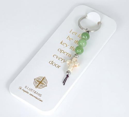 Christian Cross Keychain - Natural Stone Beaded Faith Gift for Baptism, Confirmation or Christmas - color: Lime Green