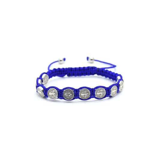 925 Sterling Silver San Benito Bracelet For Women And Men, Catholic Multicolor Bracelet St. Benedict Medal Hand Knitted Knot Coin Beaded Adjustable Religious Prayer Faith - color: Blue - San Benito Bracelet