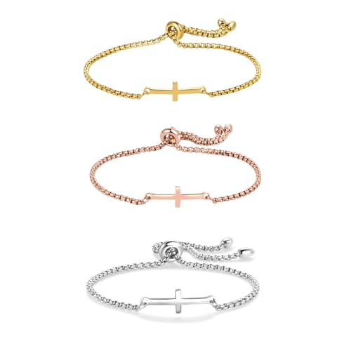 NARTGO Sideways Cross Christian Bracelet for Women Religious Faith Believe Bracelet Baptisms Jewelry Gift Stainless Steel Adjustable Chain - color: Silver