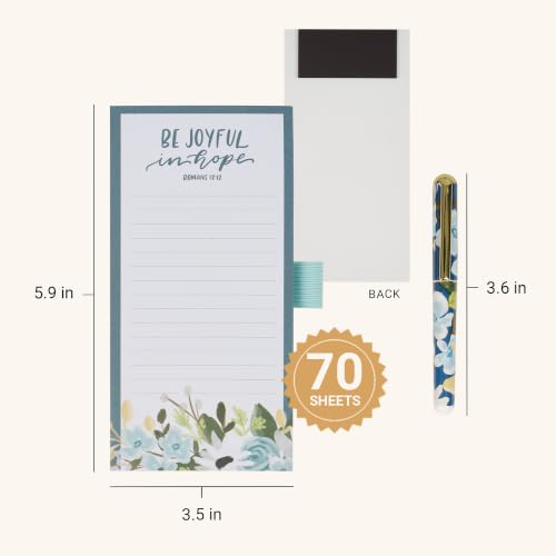 Christian Art Gifts Magnetic Notepad & Pen Set for Women, Be Joyful in Hope - color: Blue & White Floral/Be Joyful