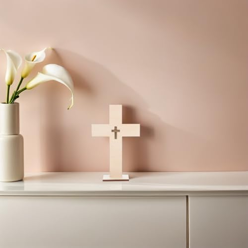 Veemoon Wood Crosses with Stand for Crafts, 10Pieces Blanks Diy Cross Decor Unfinished Catholic Baptism Craft Ornament Table Small Religious Crucifix Crosses for Easter Party Wedding First Communion