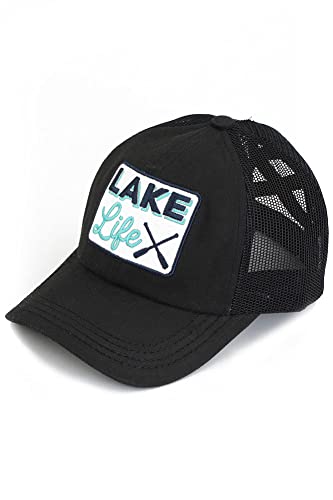 C.C Ponycap Messy High Bun Ponytail Adjustable Mesh Trucker Baseball Cap Hat - color: Criss Cross Patch Lake Life, Black