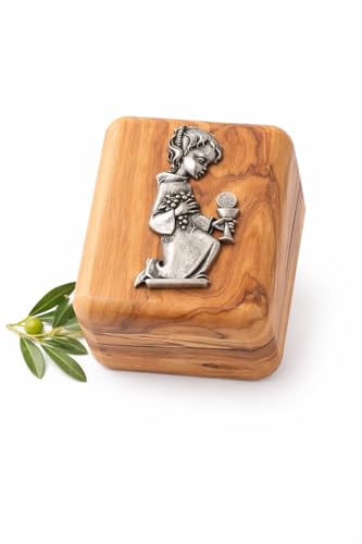 Handmade Olive Wood Jewelry Box for Girls – First Communion Gift, Holy Land Christian Keepsake, Baptism Trinket Box, Religious Wooden Jewelry Organizer - style: Girl