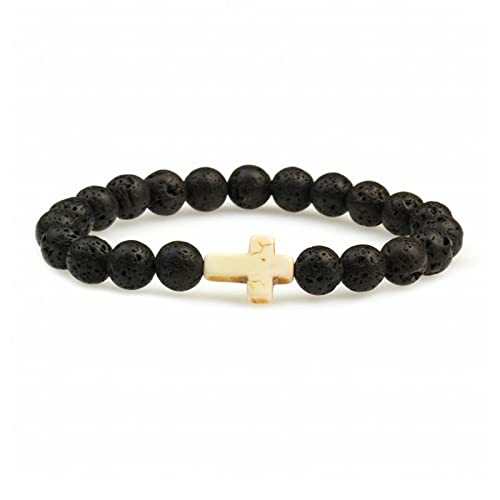 FORUBUS Lava Rock Stone Beaded Bracelet, Cross Charm Natural Volcanic Stone beads Turquoise Stretch Bracelet for Women Men Religion Jewelry Pray Baptism Gift - color: 1pcs white