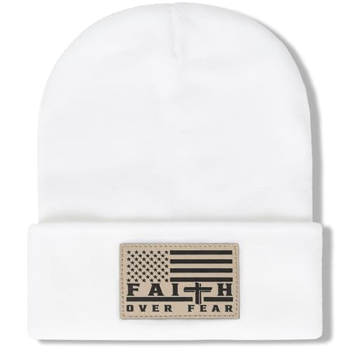 Christian Cross Beanie Hats for Men Women, Faith Winter Cuffed Hats, Religious Gifts for Thanksgiving Christmas New Years - color: White, style: Faith Over Fear
