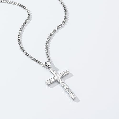 Cross Necklace for Men Boys - Hammered Cross Pendant with Cuban Chain Unique Crucifix Necklaces Christmas Christian Religious Jewelry Gifts 22+2 Inches - color: Silver