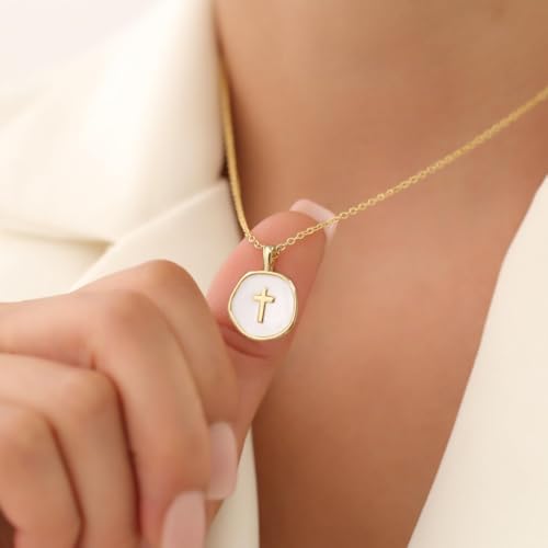 Gold Enamel Mini Cross Necklace Tiny Mother of Pearl Cross Necklace Religious Christian Gift for Baptism First Communion Christmas - color: big mother of pearl cross (15mm)-gold