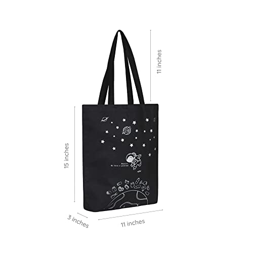 Ecoright Tote Bag for Women with Zipper, Small Tote Bag, Canvas Bag, Reusable Cotton Bag for Beach, Grocery, School & Work - color: Fly Me to Space