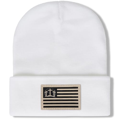 Christian Cross Beanie Hats for Men Women, Faith Winter Cuffed Hats, Religious Gifts for Thanksgiving Christmas New Years - color: White, style: Three Cross Flag