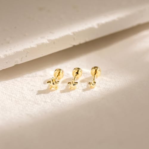 3 Pair Tiny Flat Back Earrings for Women - 14K Gold/White Gold Plated Dainty Cute Small Screw Flatback Stud Earring, Everyday Wear Gift - color: Gold-Star Flat 4/5/6mm