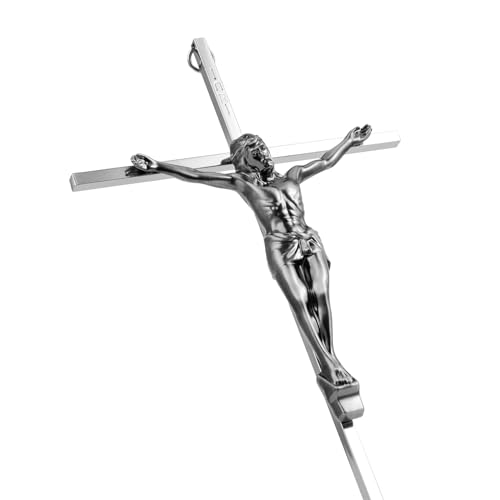 ALDENTA Crucifix Wall Cross, Catholic Metal Cross for Wall, 10 Inch Silver Jesus Crucifix for Home Decor - color: Shiny Silver