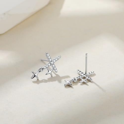925 Sterling Silver Cross Bow Moon Stud Earrings for Women - color: Silver-CZ Cross