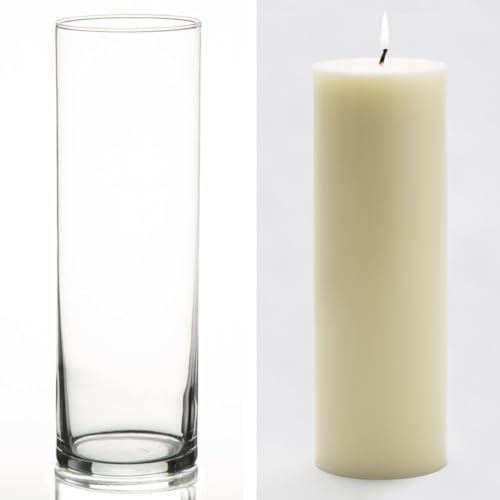 12 Eastland Glass Cylinder Vases 10.5" and 12 Light Ivory Richland Pillar Candles 9" - color: Light Ivory, size: 9"