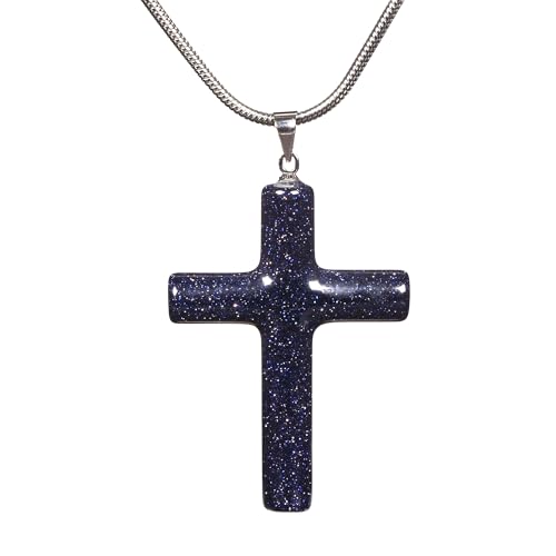 Justinstones Natural Gemstone Carved Cross Reiki Chakra Pendant Necklace 22 Inch - color: 40mm Synthetic Blue Goldstone