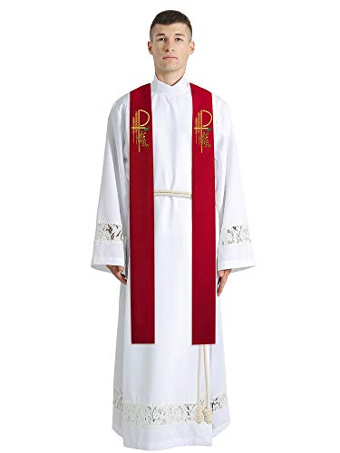 IvyRobes Overlay Clergy Stole With Chi Rho Embroidered 90" Long-4 Colors Available - color: Red