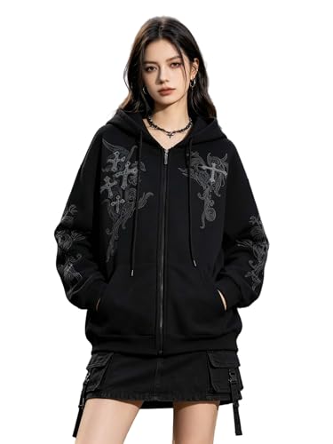 Zip Up Oversized Hoodies Women Men, Graphic Gothic Jackets Cross Hoodie, Baggy Streetwear Fleece Sweater Unisex - color: Dark Grey, size: Large