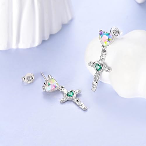 LAZA 925 Sterling Silver Stud Earrings for Women Cat and Sunflower Earrings - color: Green Cross