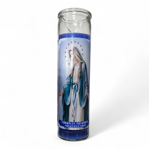 Prayer Candle 7 Day Milagrouse Virgin 8" Vela Virgen Milagrosa Unscented Pillar Candle in Glass