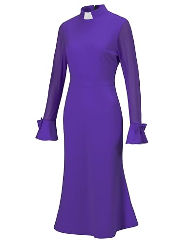 Trumpet Long Sleeve Mesh Church Dress Clergy Tab Insert Collar Priestess Dress - color: Purple, size: Medium