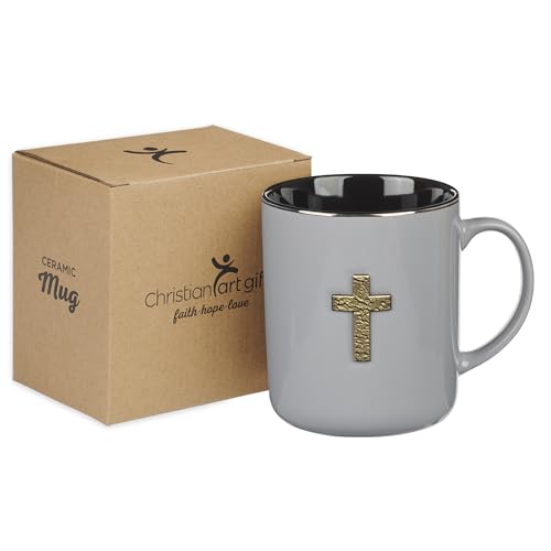 Christian Art Gifts Large Ceramic Coffee Scripture Mug for Men & Women - color: Gray & Black/Metal Cross