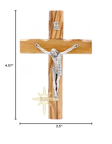 Dacaret Factory Wall Crucifix, Olive wood Cross, Wooden Catholic Cross for New Home, Religious Gift, Christmas Gifts, Holy Land Christian Spiritual Decor (5 Inches), Brown, Black with Grains - size: 4.6"L x 3.5"W