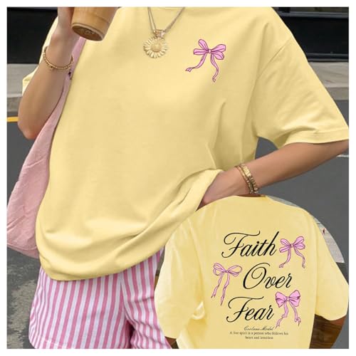 SweatyRocks Women's Bow Shirt Oversized Letter Graphic Tees Cute Tops Trendy Bible Verse Religious T Shirts - color: Yellow, size: Large