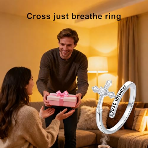 ROMANTICWORK Just Breathe Ring 925 Sterling Silver Cross/Lotus/Dandelion Adjustable Opening Ring Inspirational Jewelry for Women Birthday Christmas Gifts - style: Cross