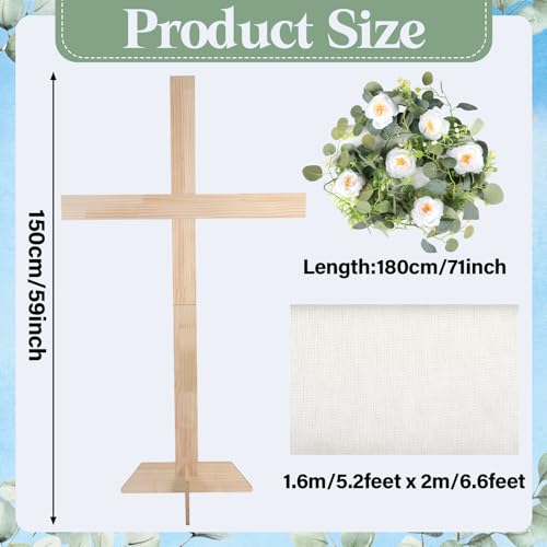 59Inch Large Wooden Cross for Wedding White Ribbon Eucalyptus Garland White - color: White, size: 59Inch