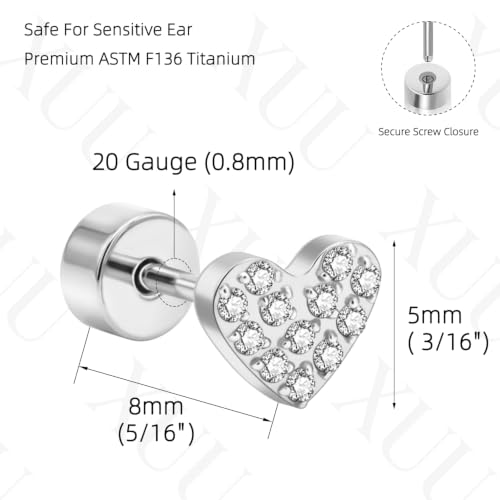 XUU 20G Flat Back Stud Earrings ASTM F136 Titanium - color: silver Heart